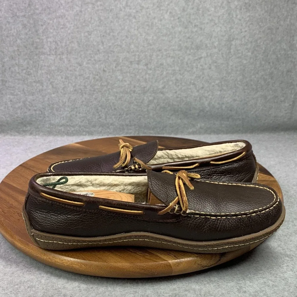 L.L. Bean Shoes Mens 11 Brown Leather Moccasin Fleece Lined Slippers Boat Preppy